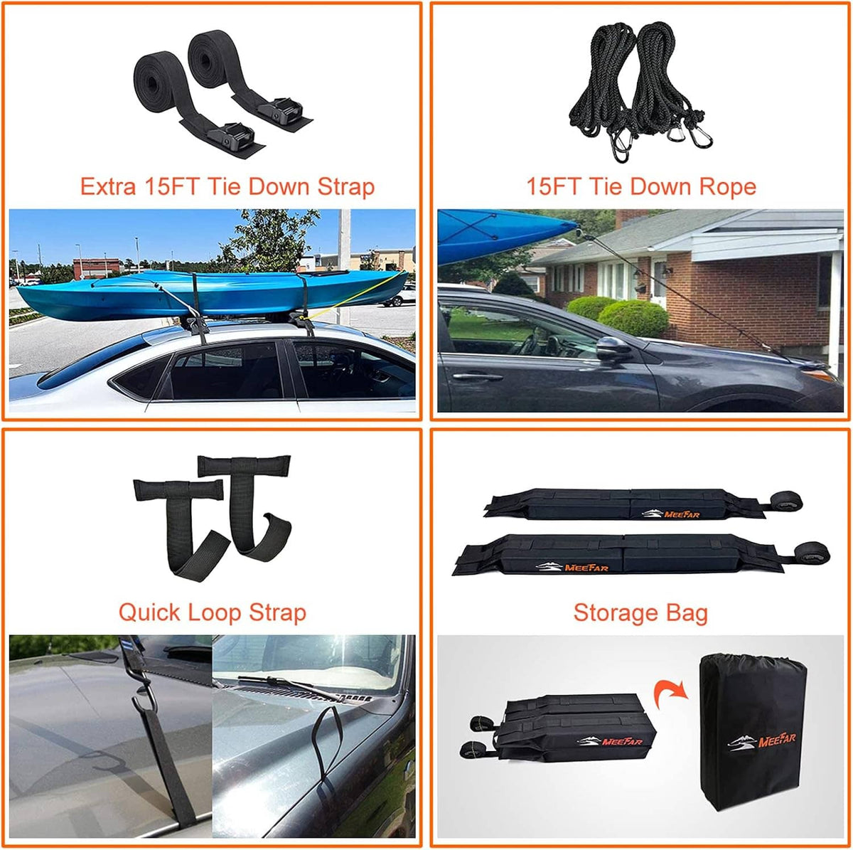 Soft roof rack pads with tie-down straps and storage bag, shown with accessory set