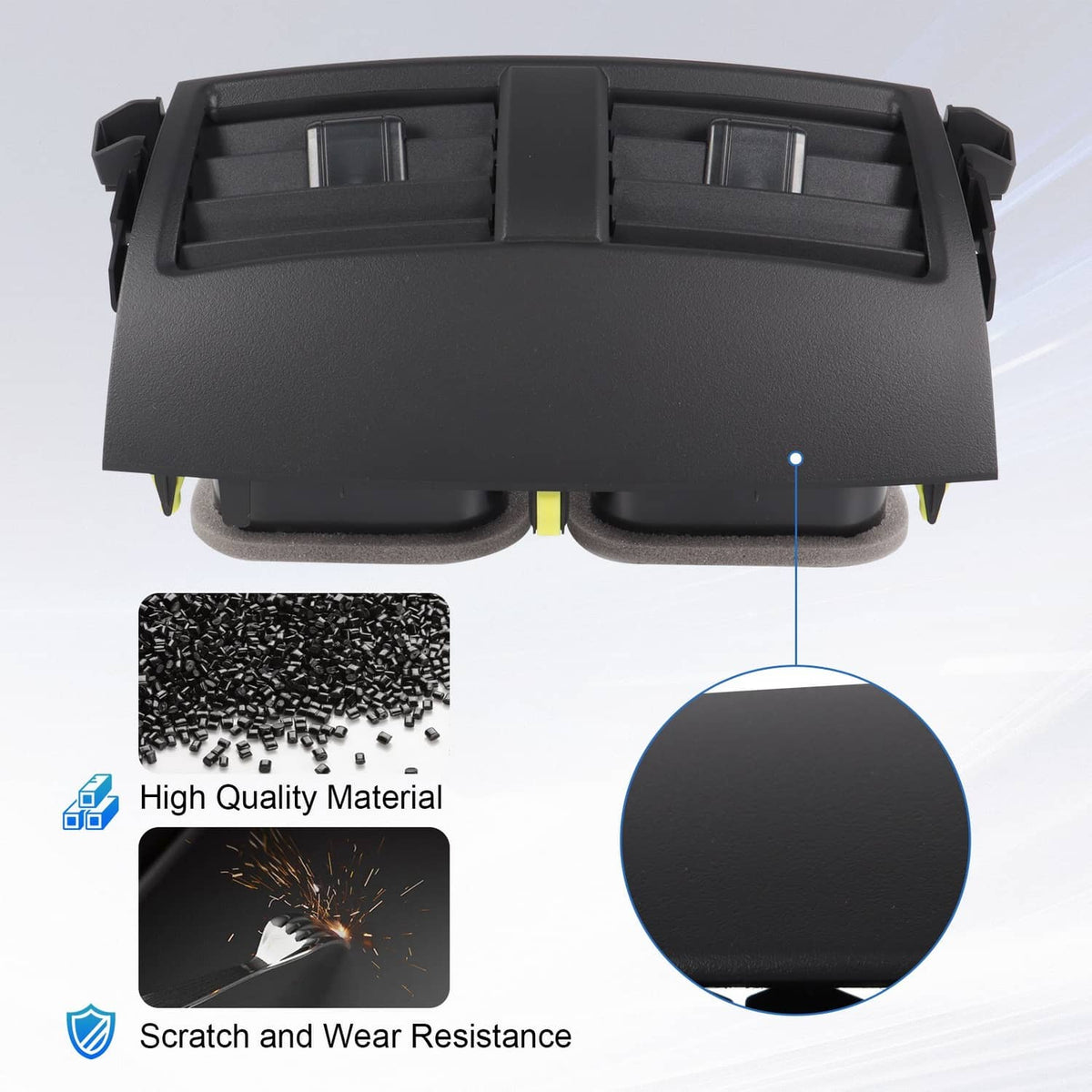 Center dash A/C vent trim cover, dark gray housing with central divider and clips
