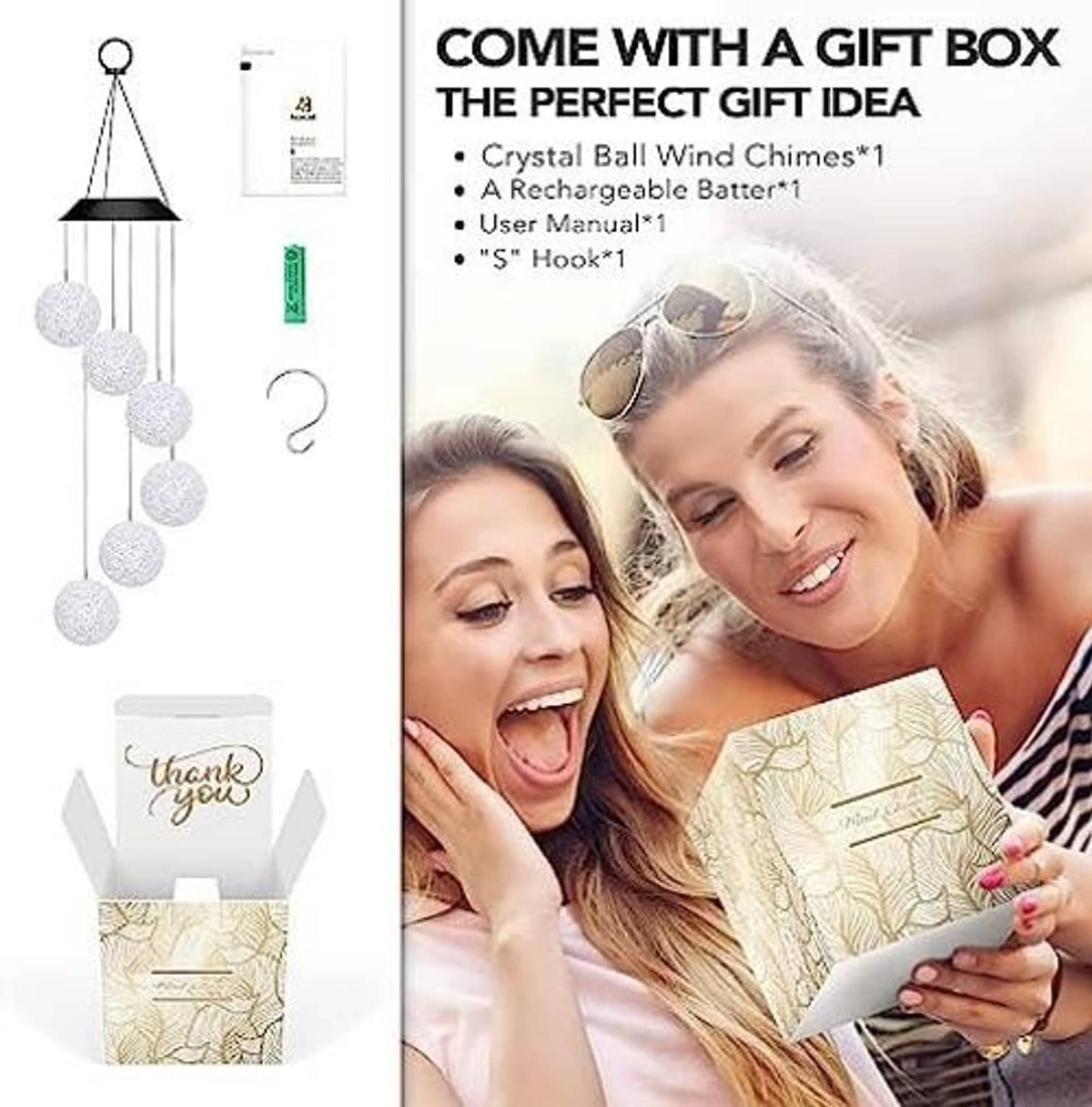 Crystal ball wind chime gift box with rechargeable battery and user manual contents