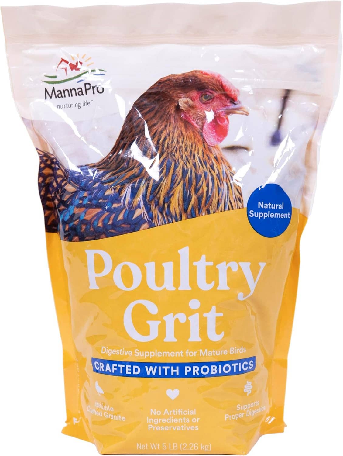 Front of poultry grit pouch with probiotics; yellow bag labeled Poultry Grit