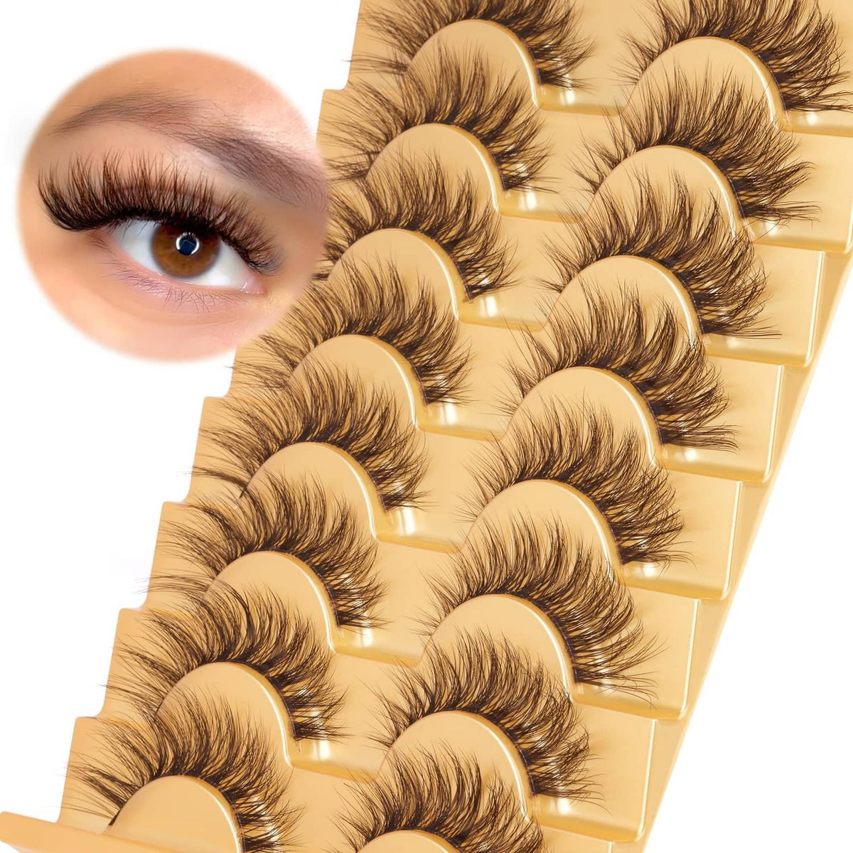 Brown cat-eye lash strips set on gold backing cards, stacked pairs