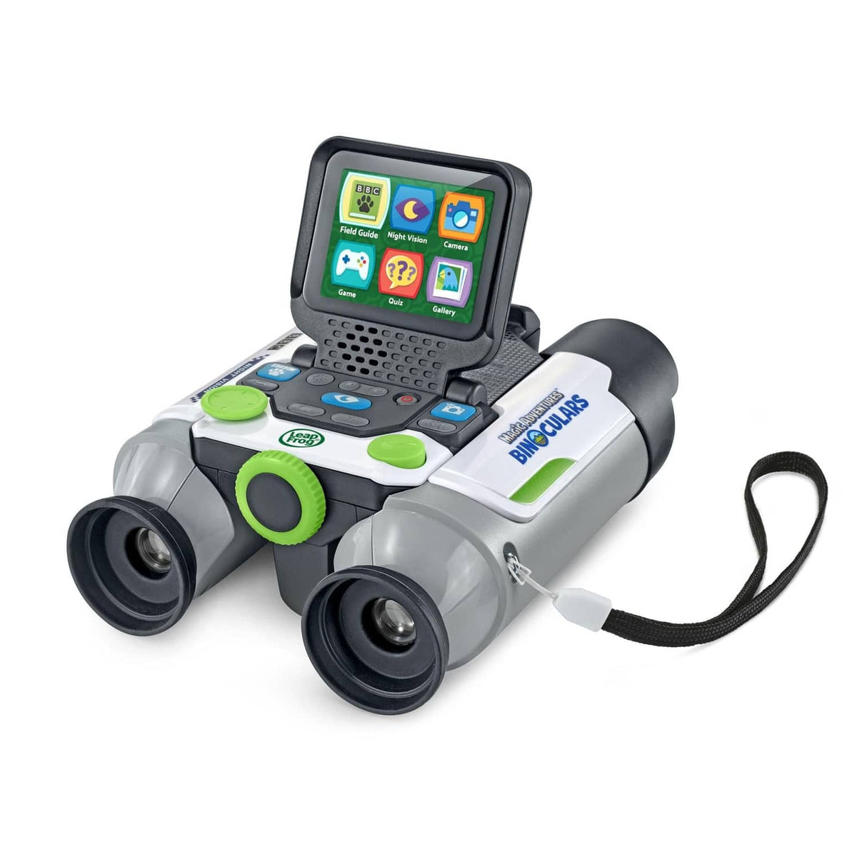 Kids binoculars with color screen, green grips, and side strap attachment