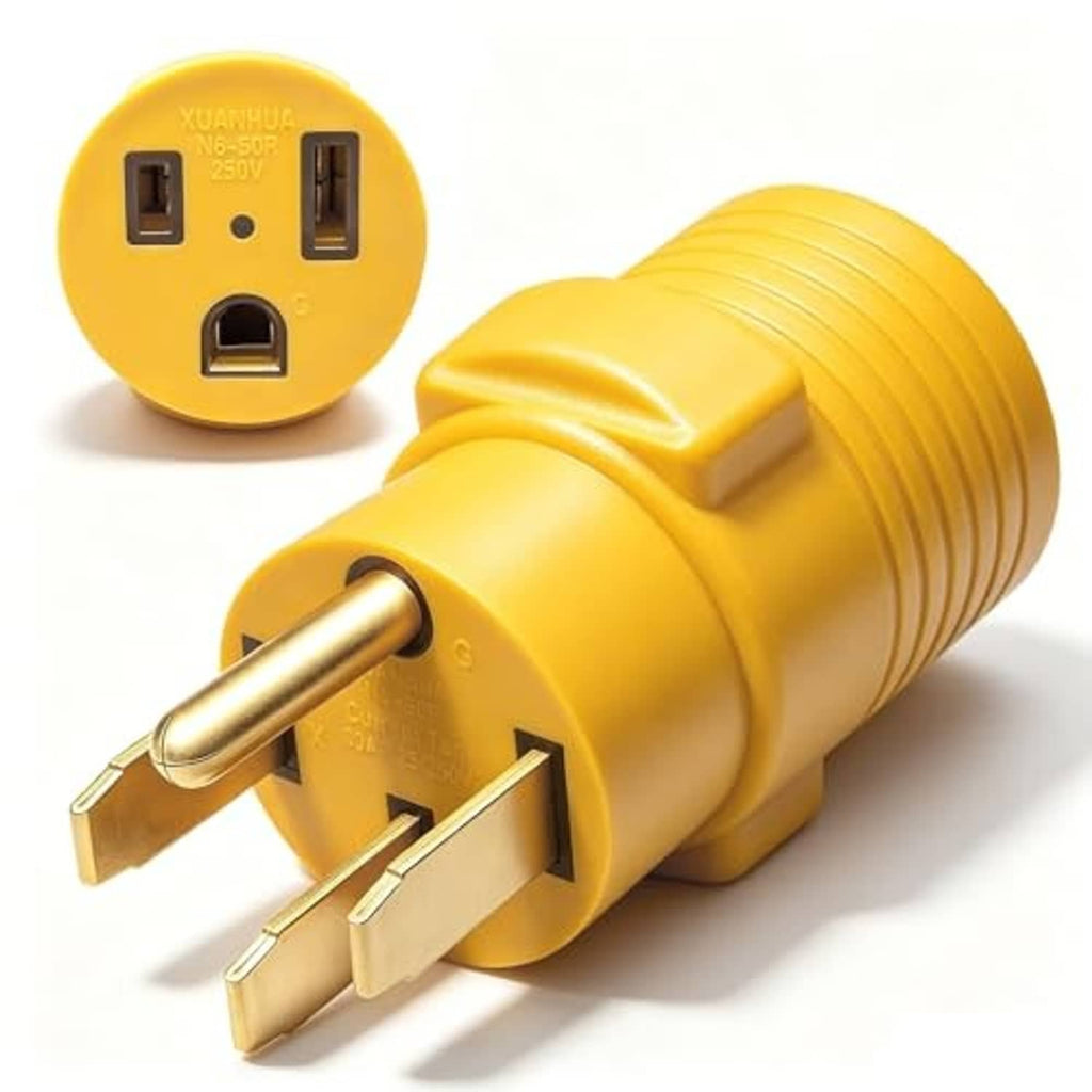 Yellow NEMA-style adapter plug with round connector face and exposed metal prongs