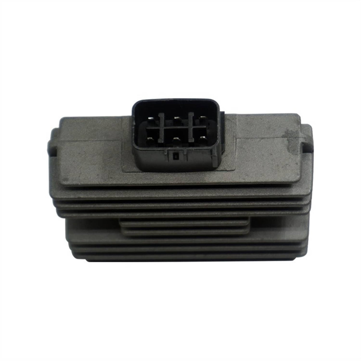 Voltage regulator rectifier with dark housing, multi-pin plug, and cooling fins visible