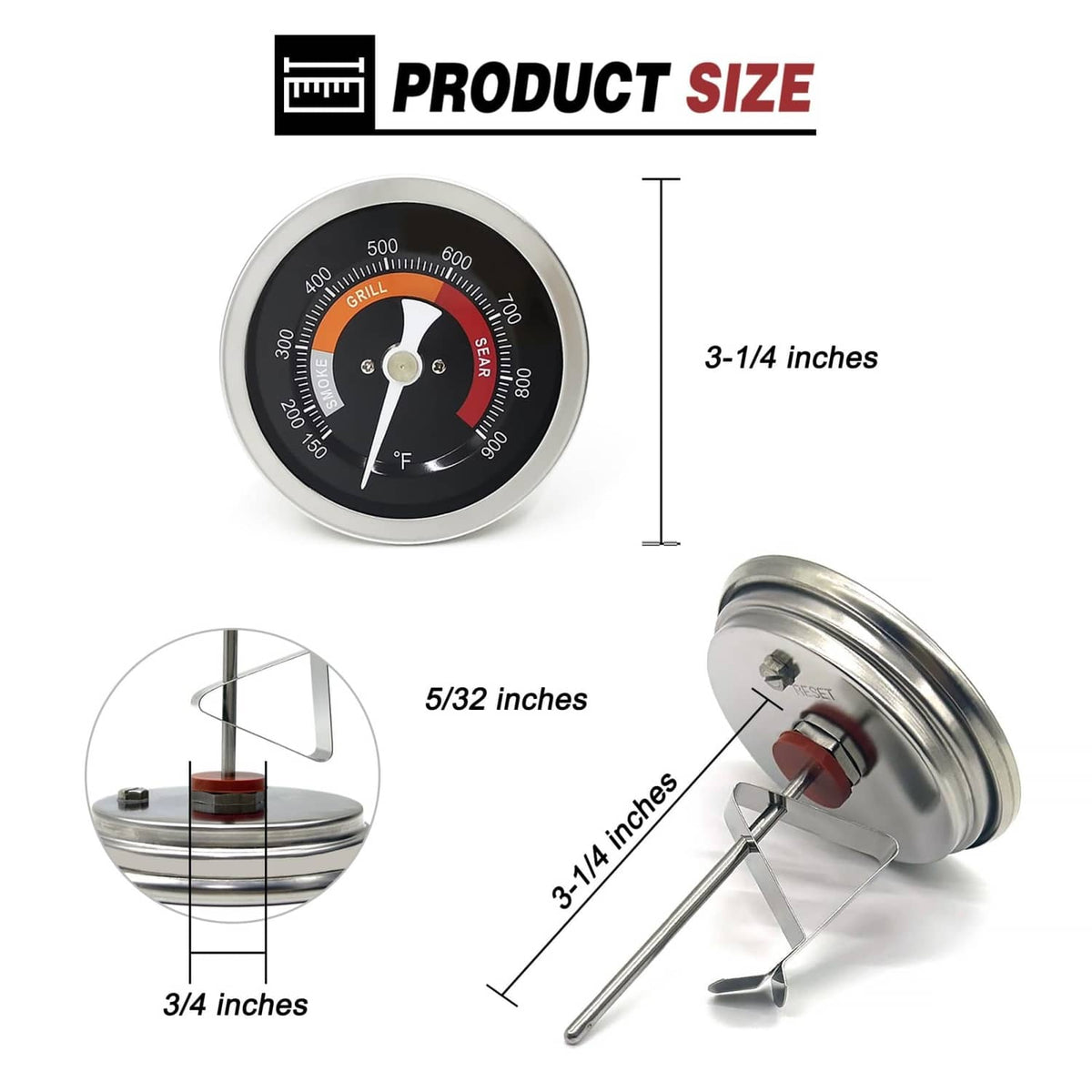 3.3-inch grill thermometer showing compact dial and stainless probe dimensions