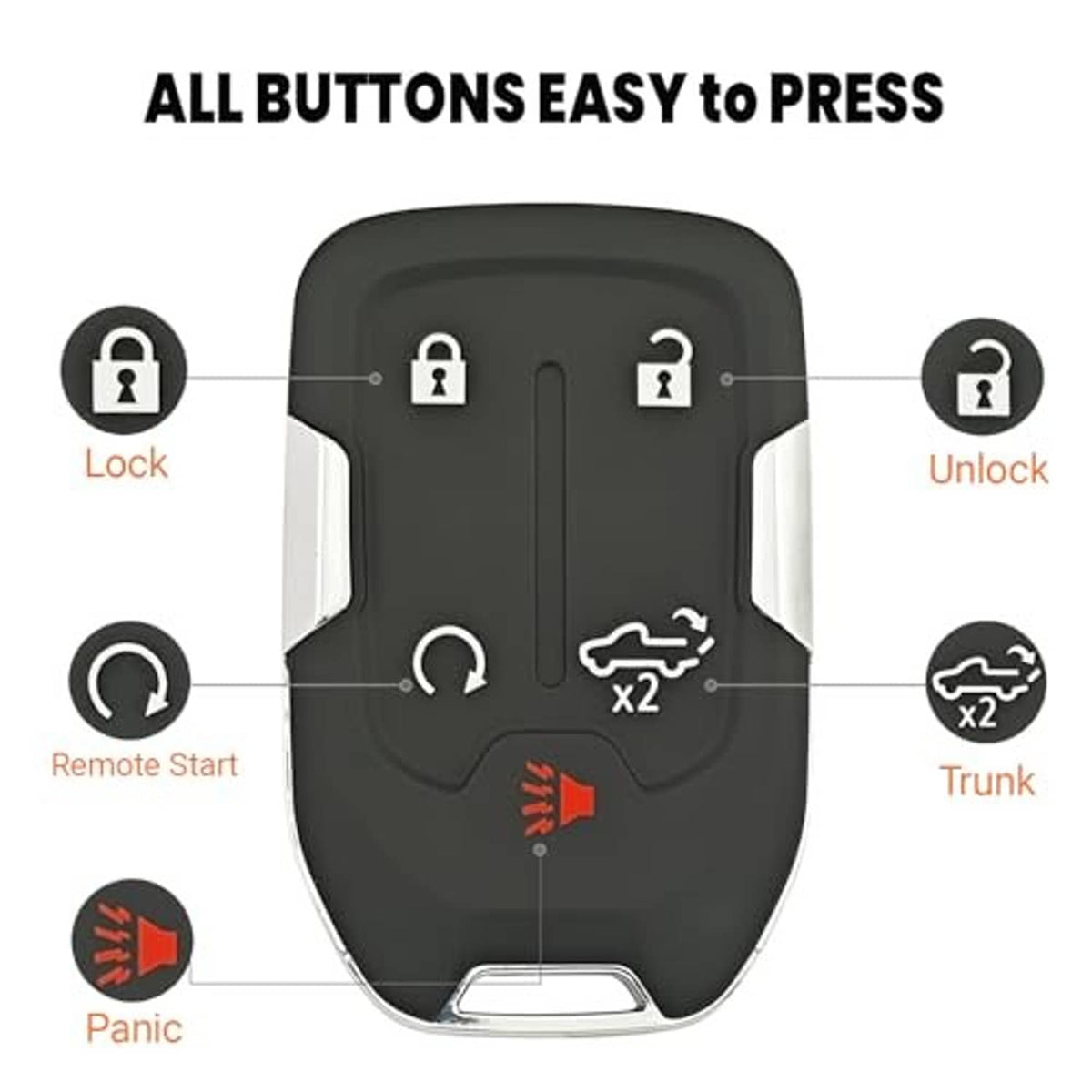 Dark smart key fob shell with lock, unlock, trunk, panic, and remote start buttons