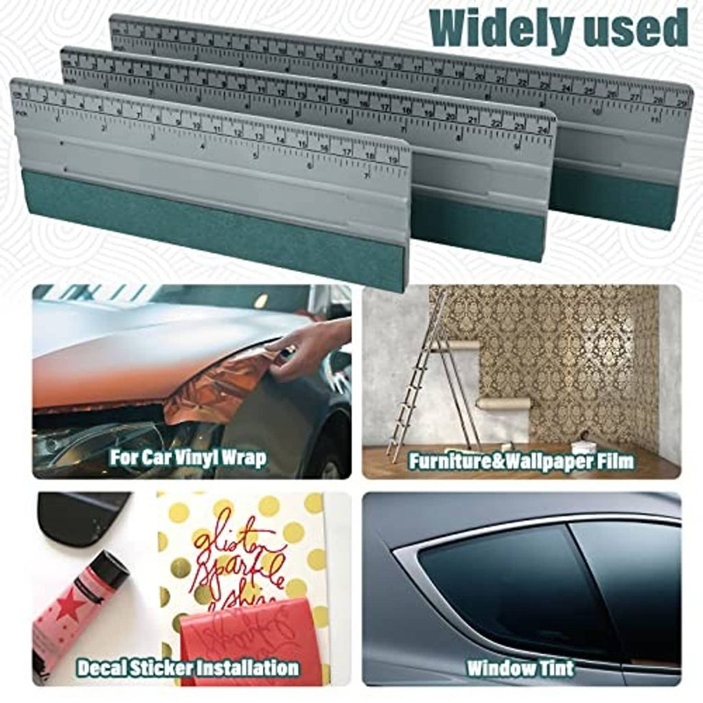 Three-piece vinyl squeegee set with gray blades and felt edges, measurement rulers.