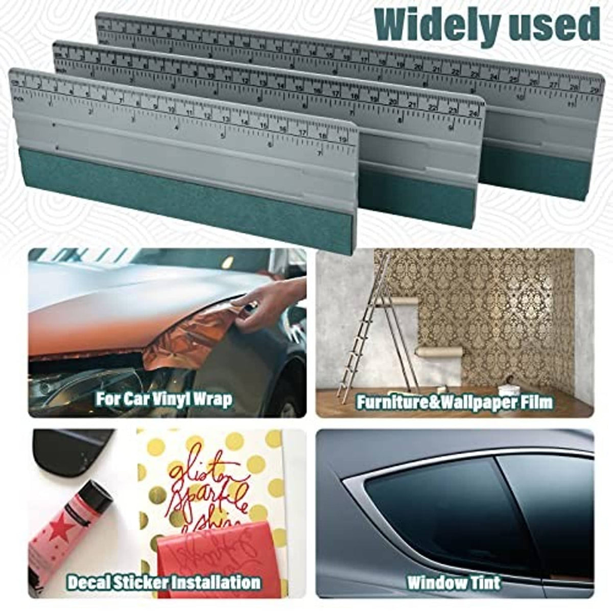 Three-piece vinyl squeegee set with gray blades and felt edges, measurement rulers.