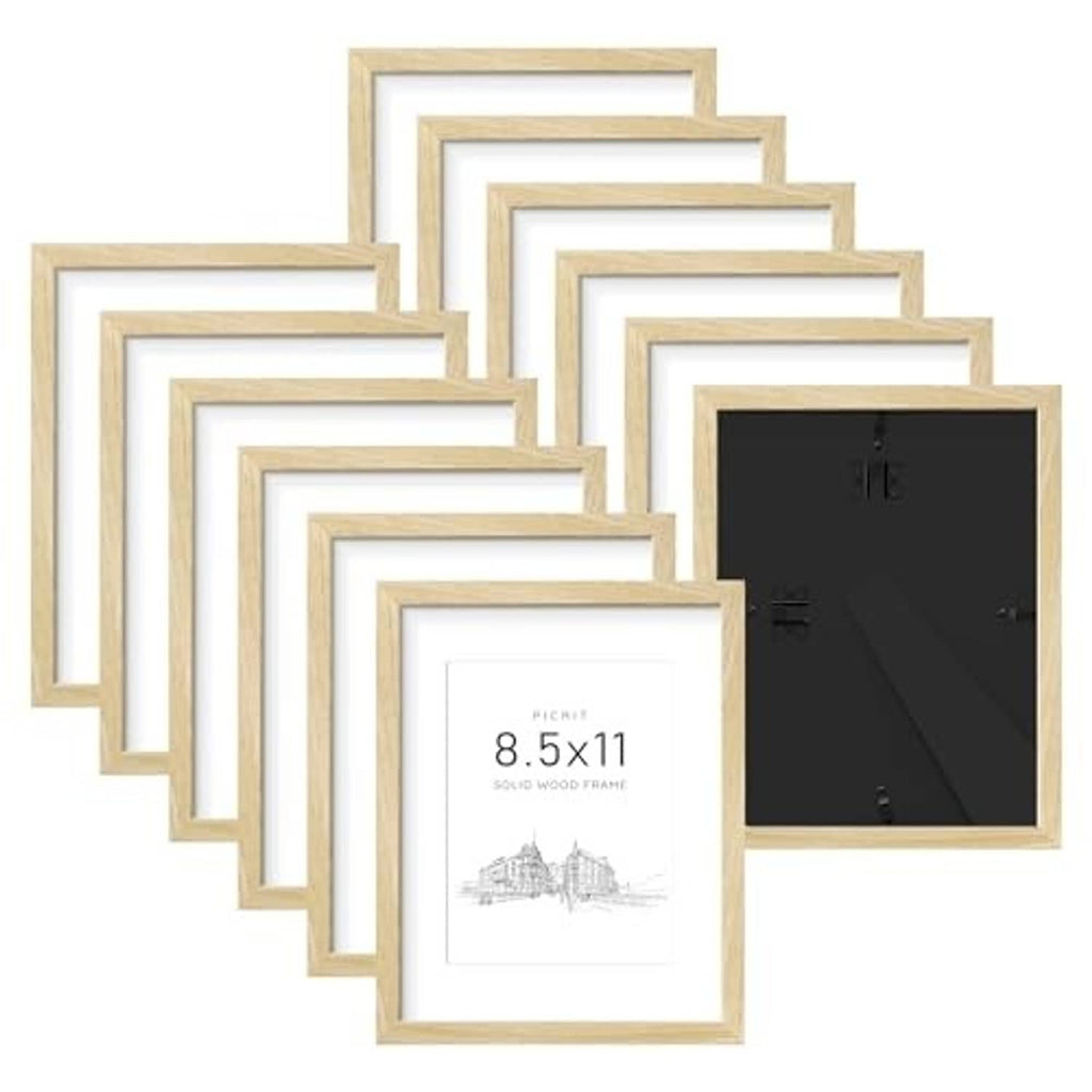 12-pack solid wood photo frames in natural oak with 8.5x11 openings and black backing.