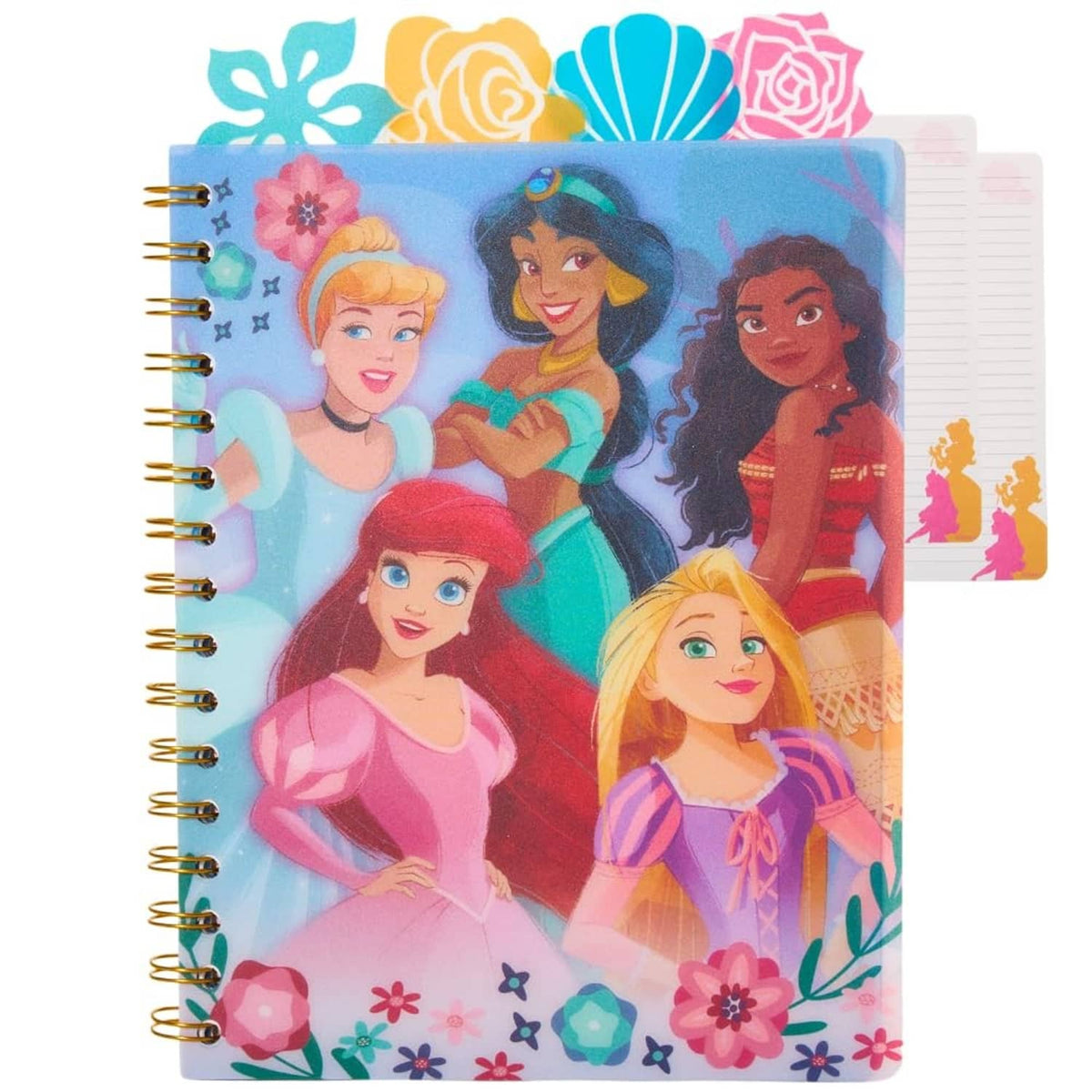 Disney Princess spiral bound notebook with blue front cover and tab divider cards peeking out