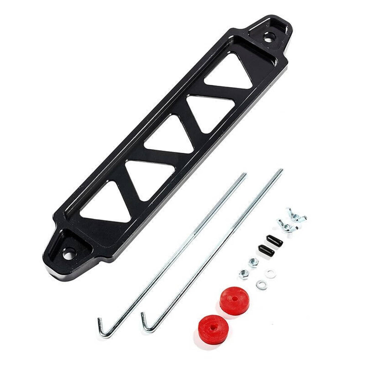 Black battery tie-down bracket with two stainless J-hooks and red rubber washers
