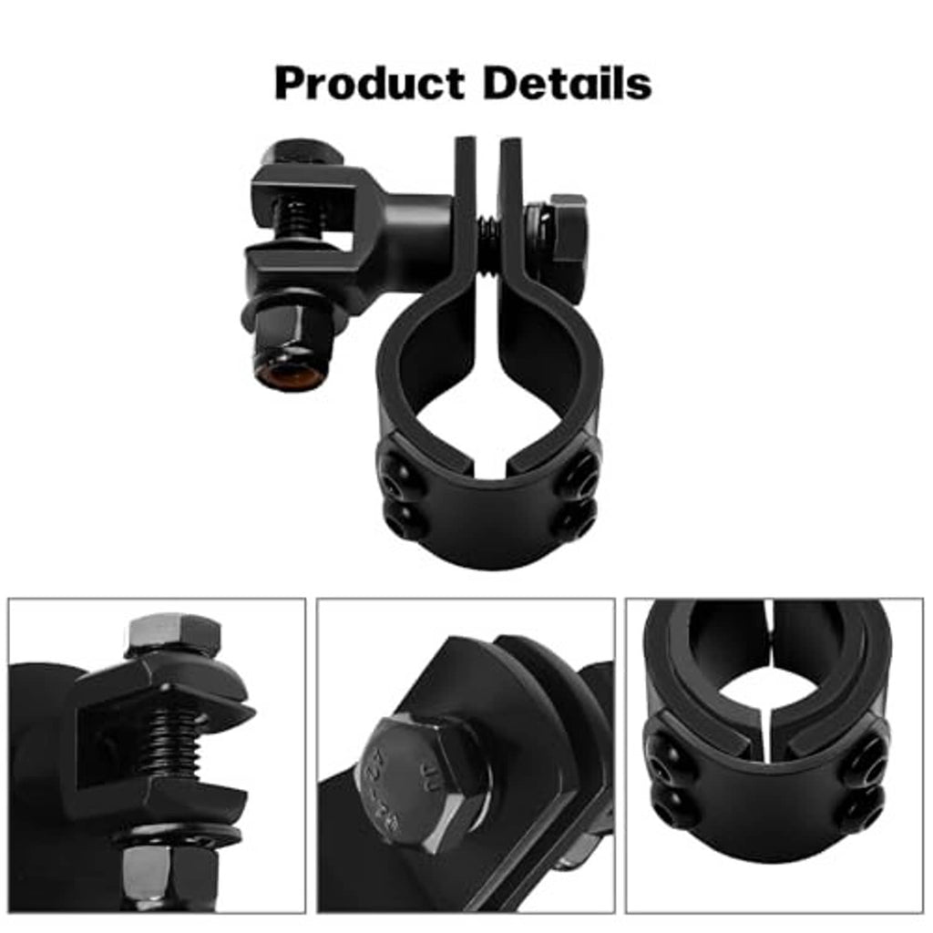 Black motorcycle footpeg clamp mounting bracket with U-shaped ring and bolt hardware