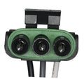 Green three-pin pigtail wiring harness connector with black socket terminals