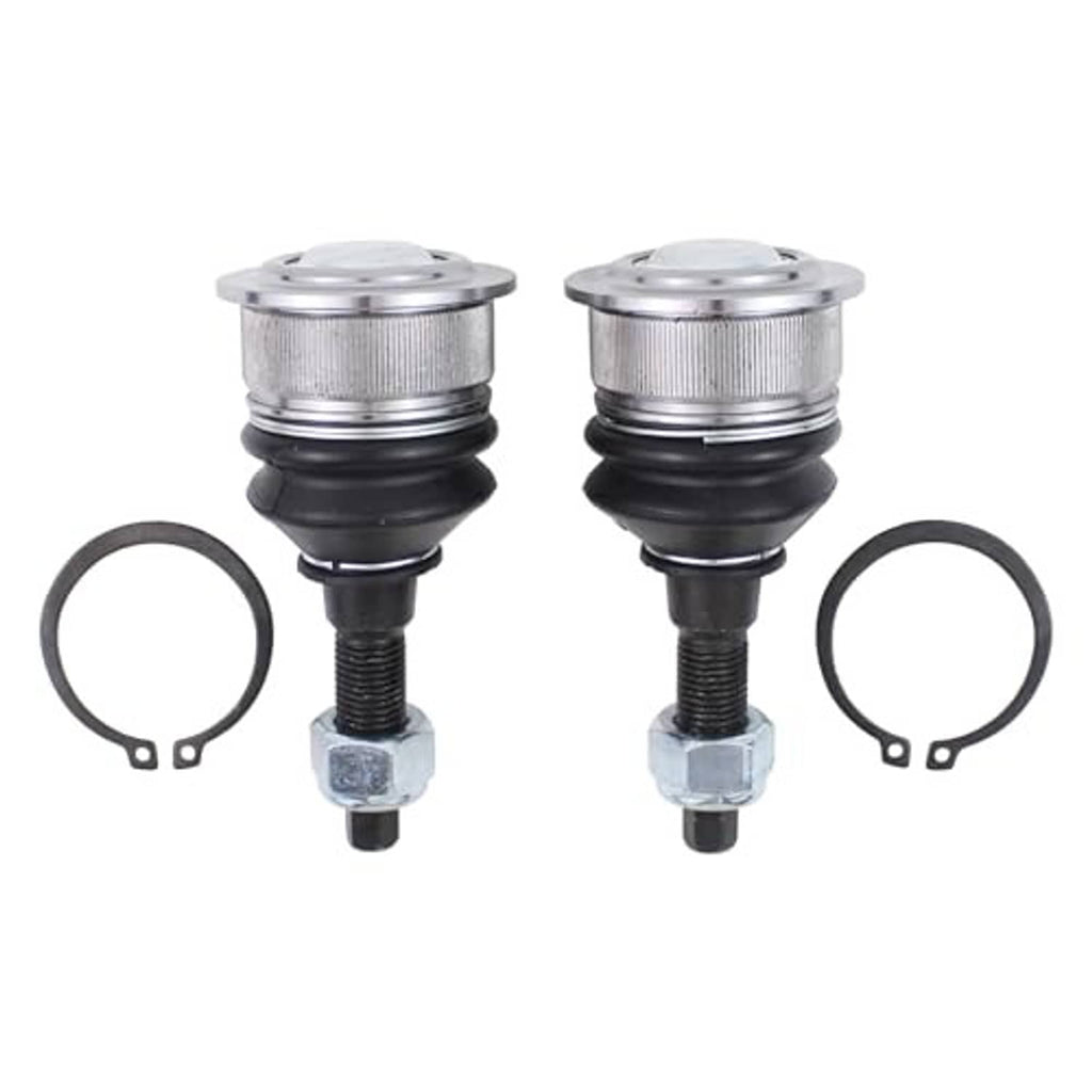 Set of two front upper ball joint assemblies with black rubber boots and steel mounting bolts