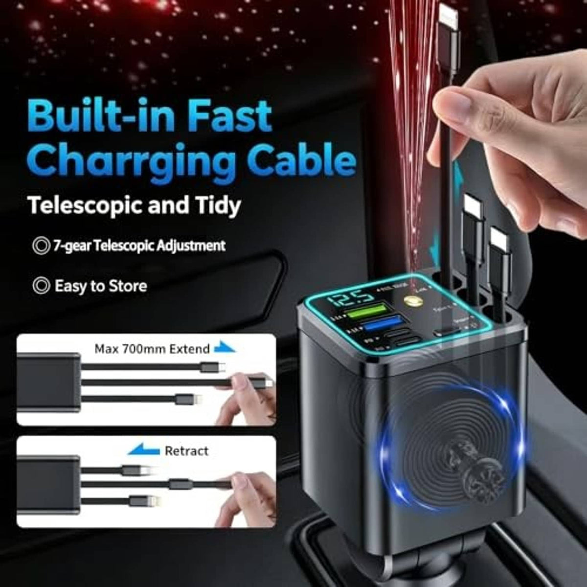 Retractable car charger with built-in telescopic charging cable being extended by hand