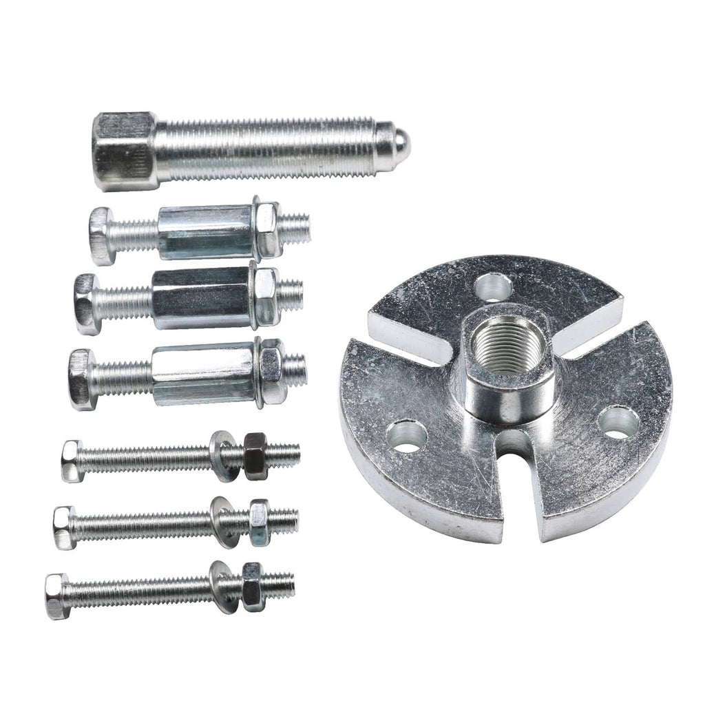Flywheel puller tool kit with circular puller plate and threaded bolts
