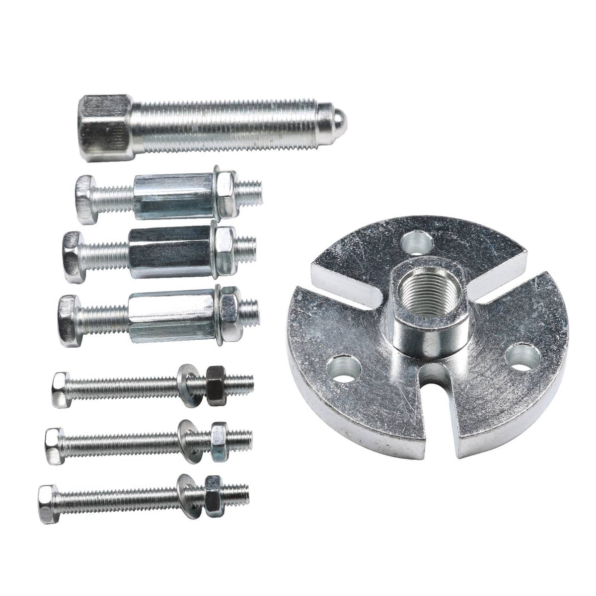 Flywheel puller tool kit with circular puller plate and threaded bolts
