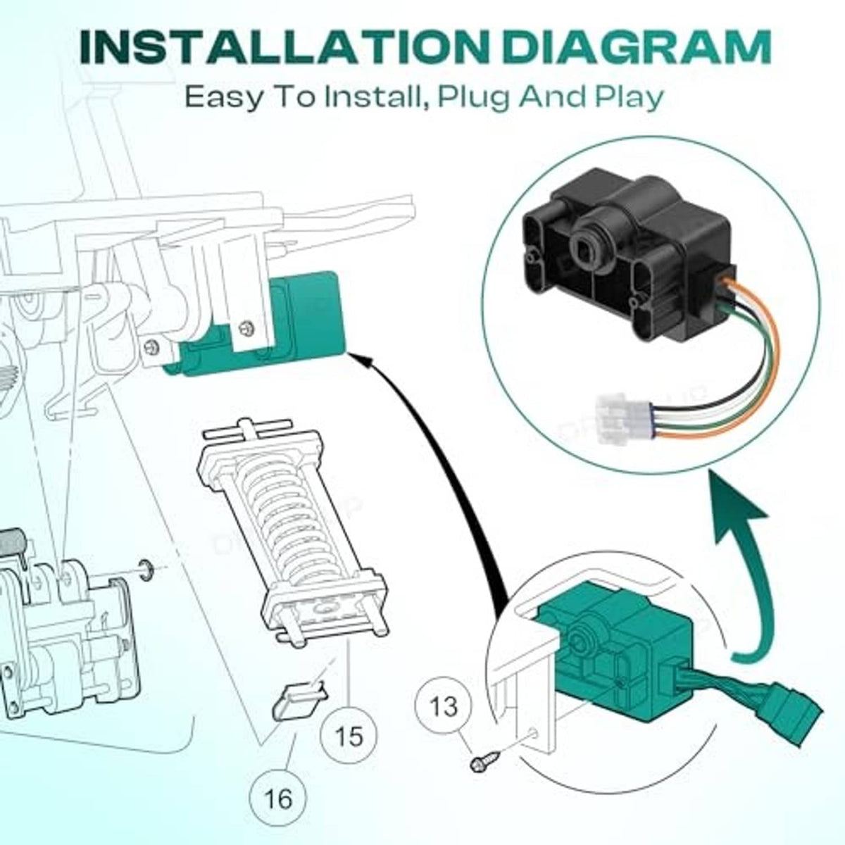 Black accelerator input sensor module with wire harness shown in installation diagram