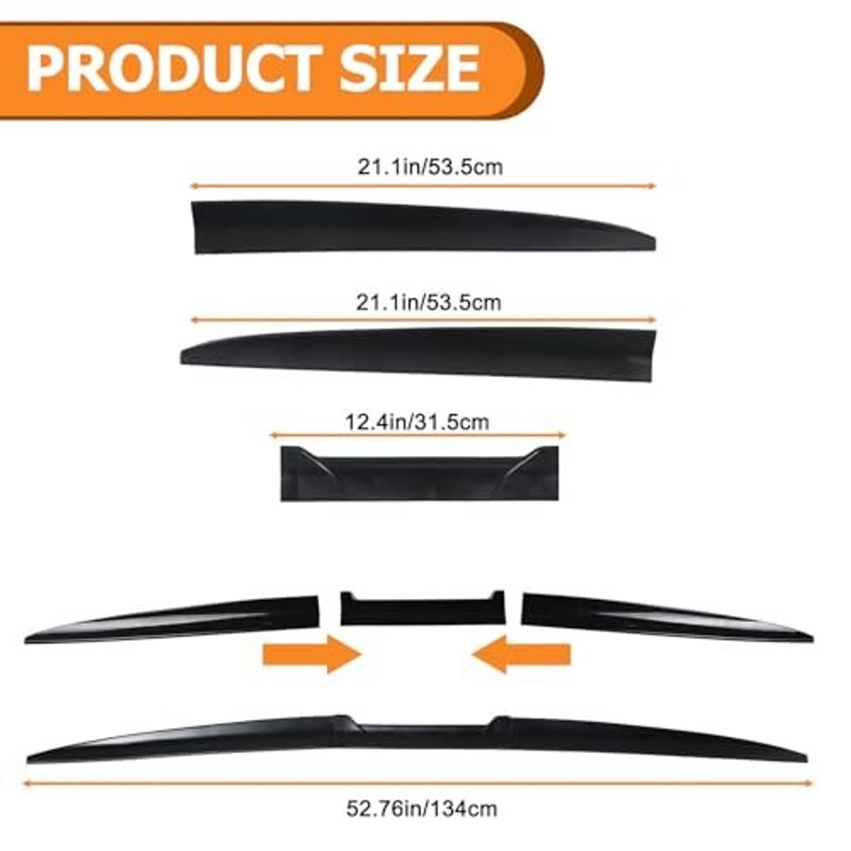 Black rear trunk spoiler tail wing size diagram with multiple parts