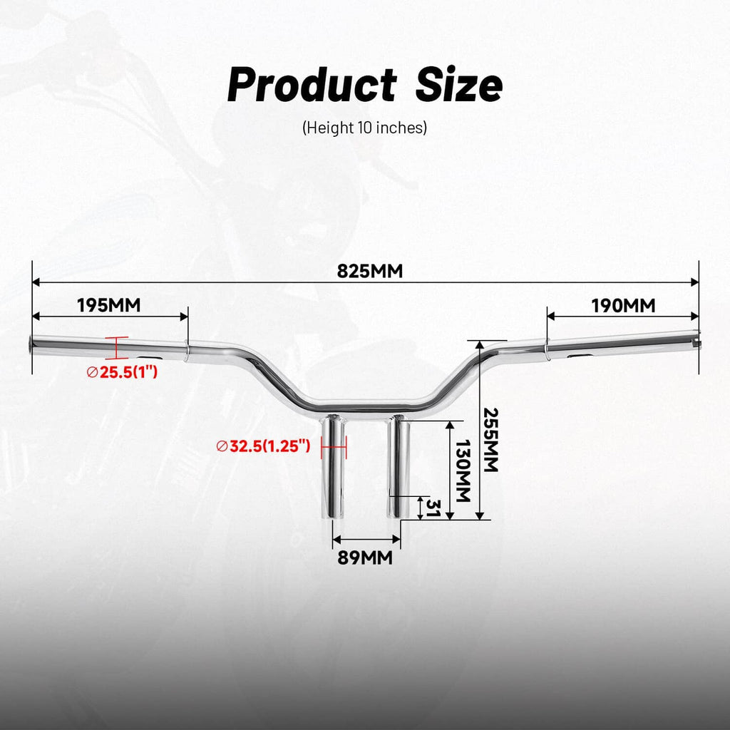 Chrome MX T-bar handlebar with product size dimension diagram and mounting measurements