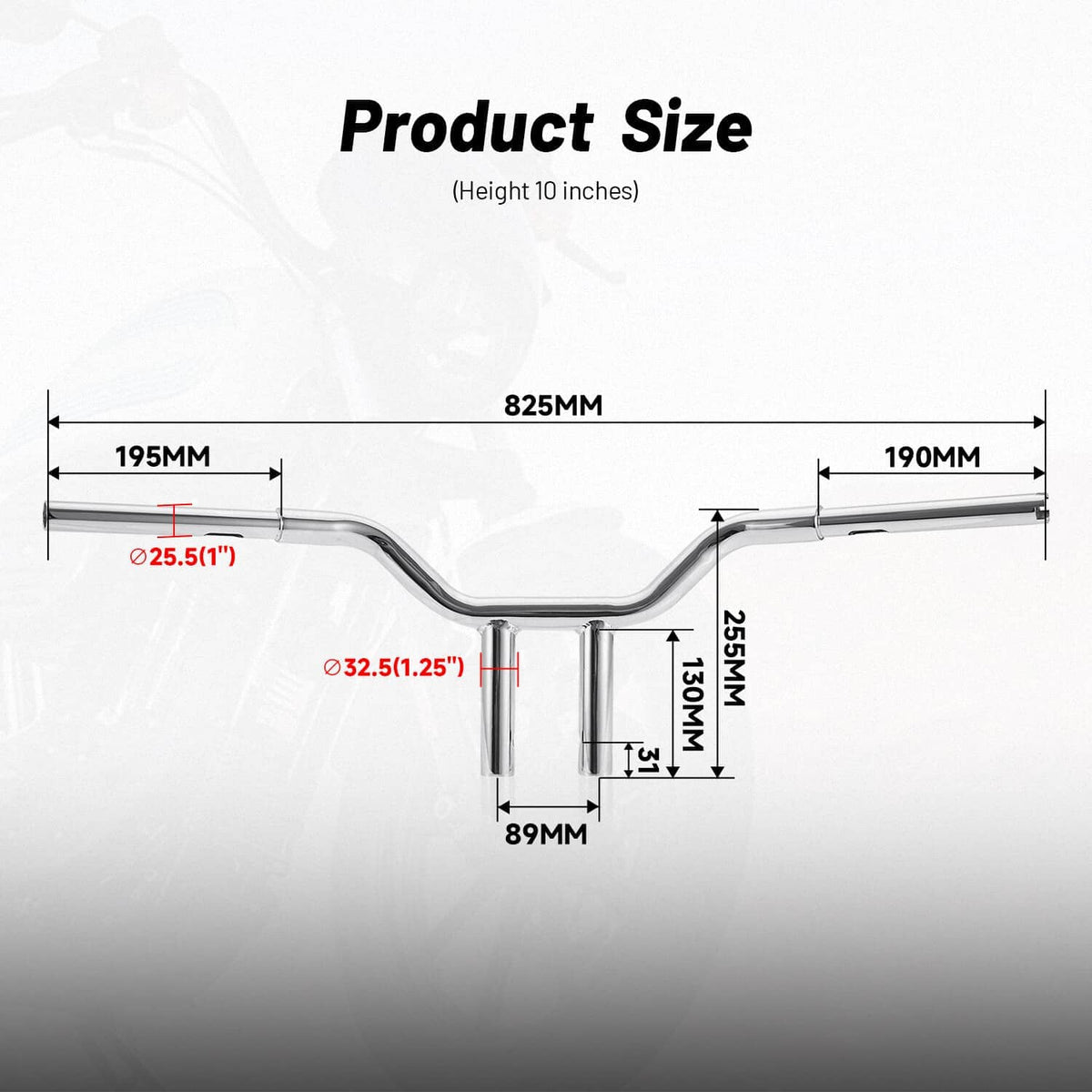 Chrome MX T-bar handlebar with product size dimension diagram and mounting measurements