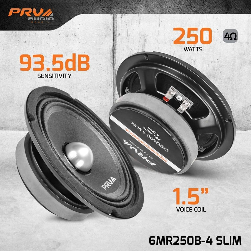 Pair of black shallow midrange bullet speakers, front view and rear view drivers