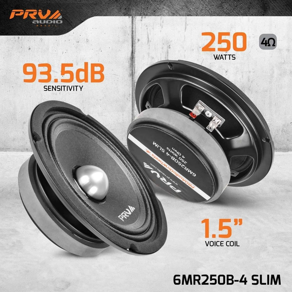 Pair of black shallow midrange bullet speakers, front view and rear view drivers