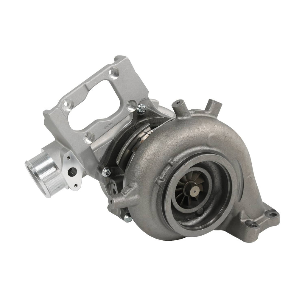 Turbocharger with turbine wheel visible and compressor housing, gray metal finish