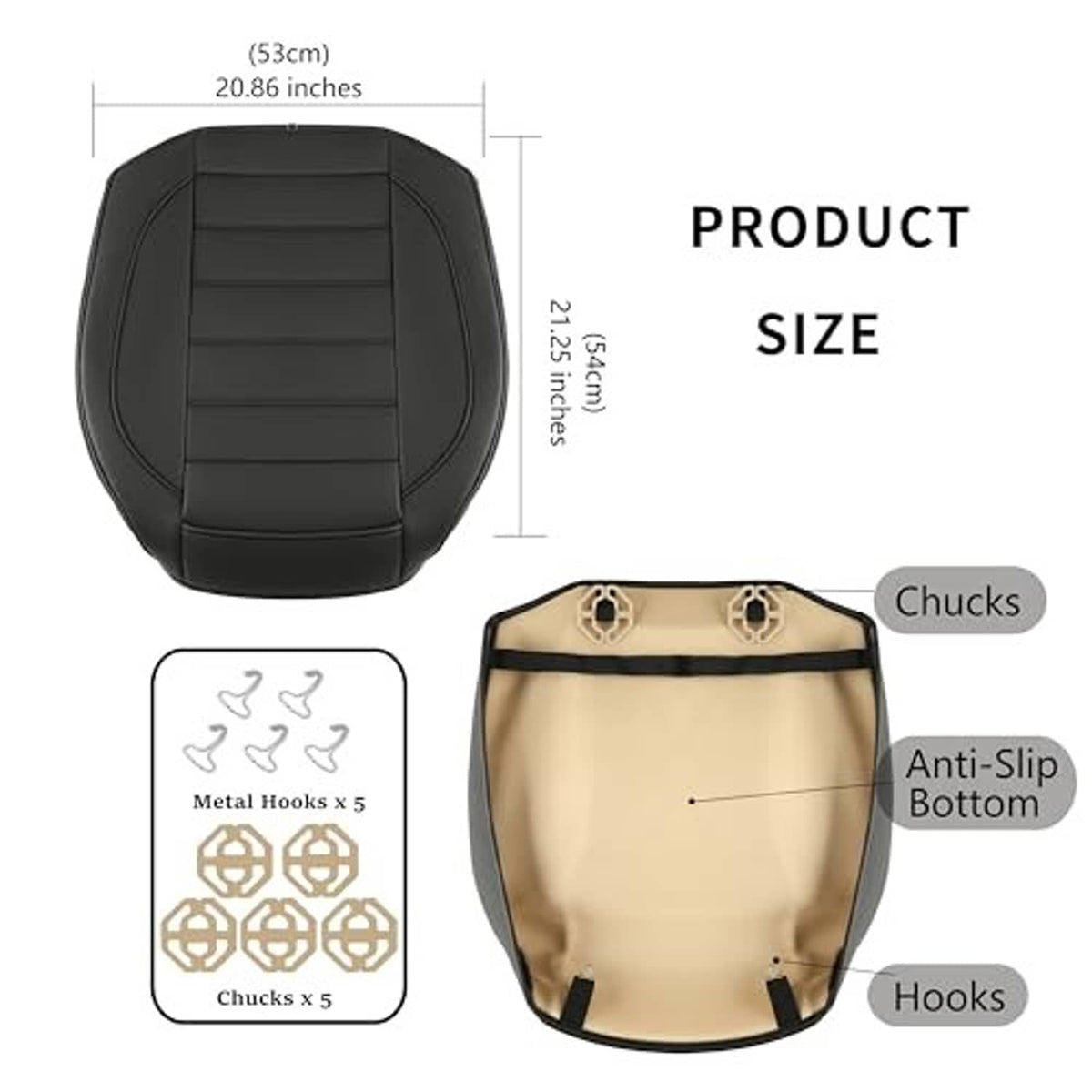 Black seat bottom cover size diagram with anti-slip bottom and metal hook mounting