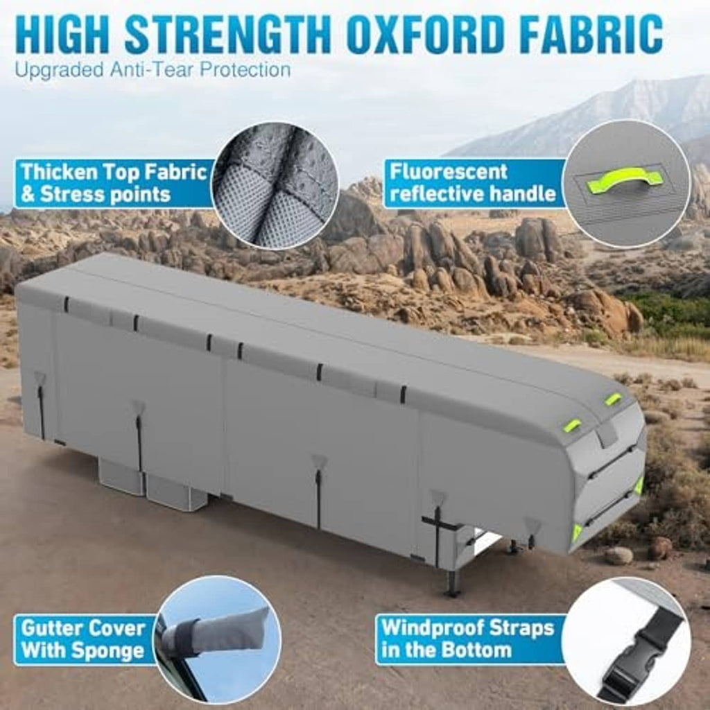 Gray RV cover fabric detail with thick top fabric and windproof bottom strap area