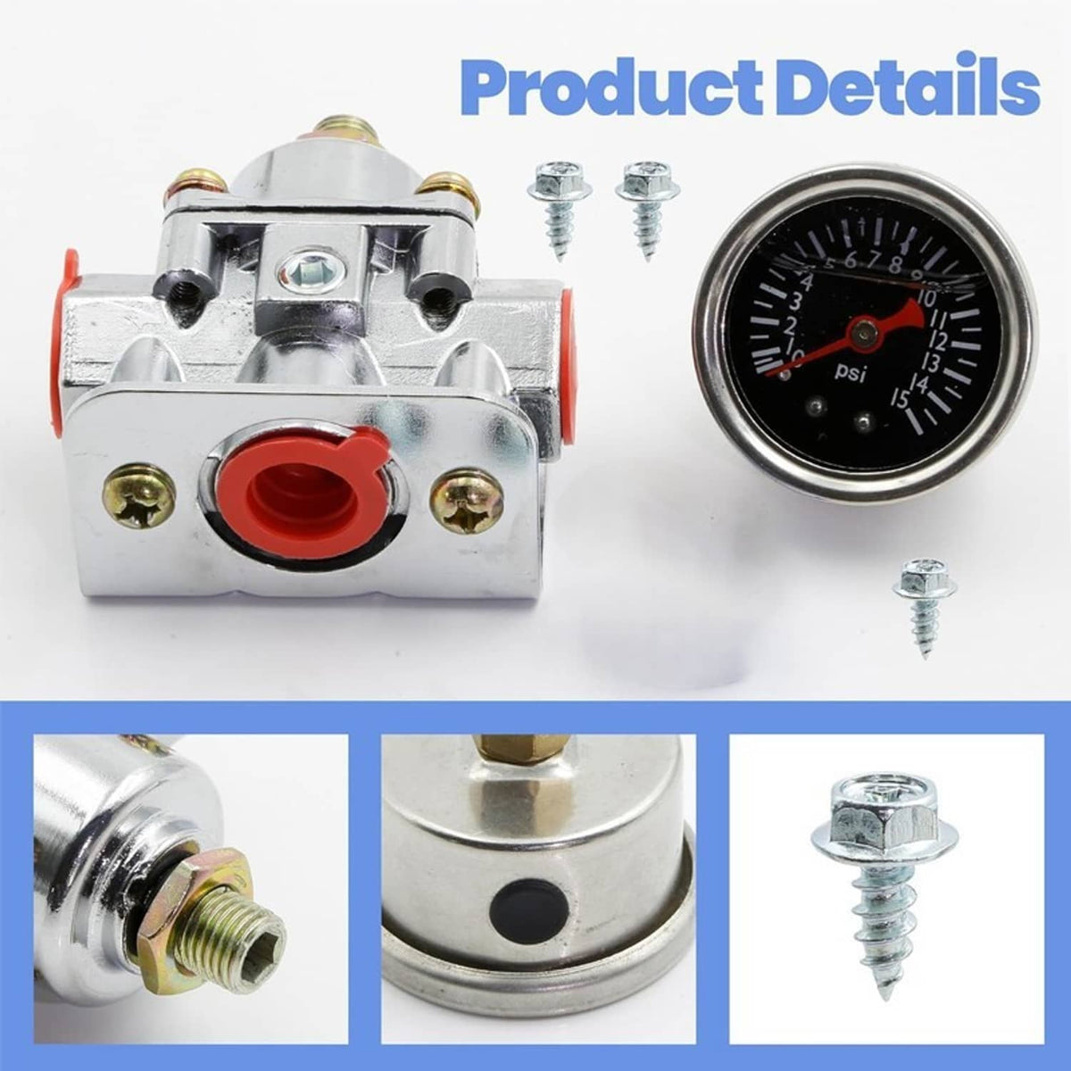 Low fuel pressure regulator with red inlet cap and round fuel pressure gauge, chrome finish