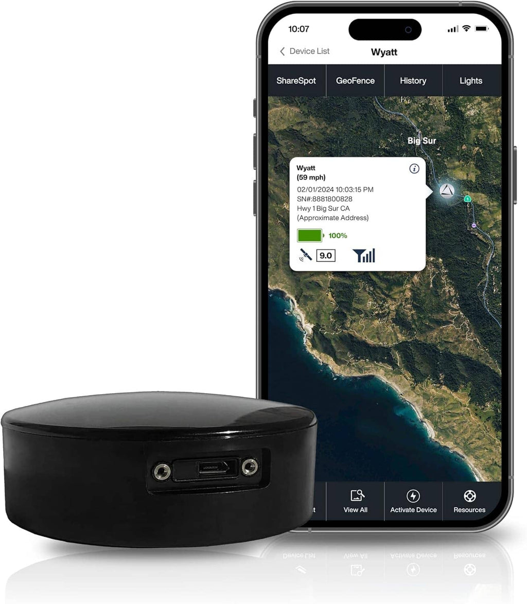 Overdrive waterproof magnetic GPS tracker with USB port, rounded black housing