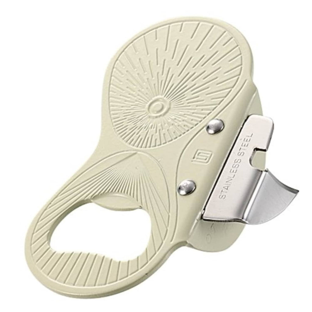 White plastic can and bottle opener with stainless steel blade and embossed grip
