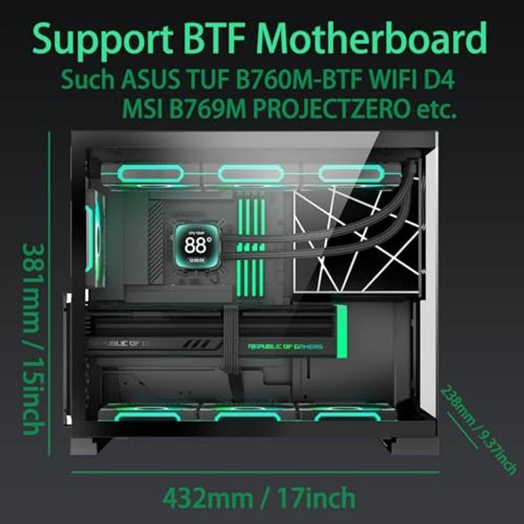 Black PC case interior with teal RGB lighting, motherboard tray, and open mesh side