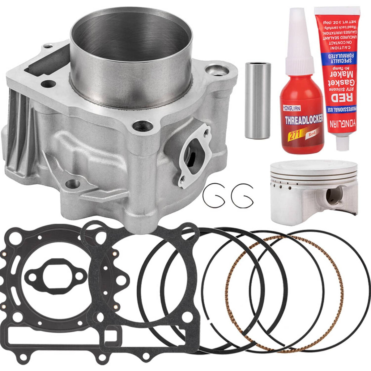 Cylinder block and piston assembly with rings, gaskets, wrist pin, and threadlocker