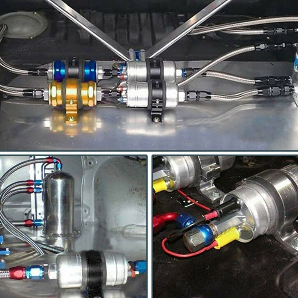 Fuel pump mounting bracket shown installed with external lines and filter hardware