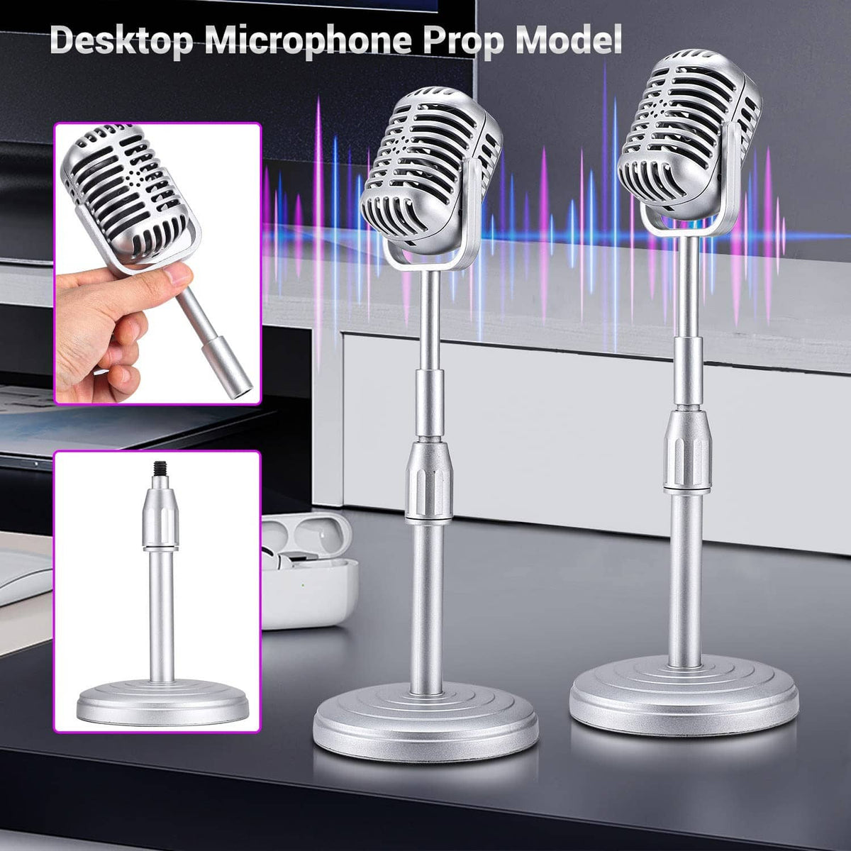 Set of three vintage desktop microphone props with round bases and adjustable stands