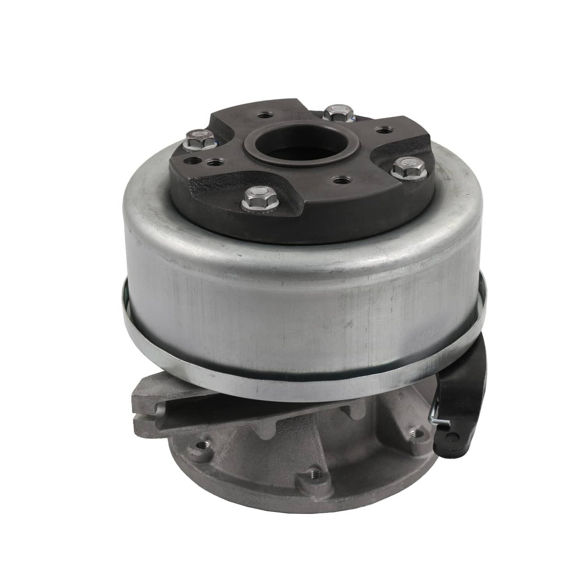 Parking brake actuator assembly with round metal housing and mounting bracket