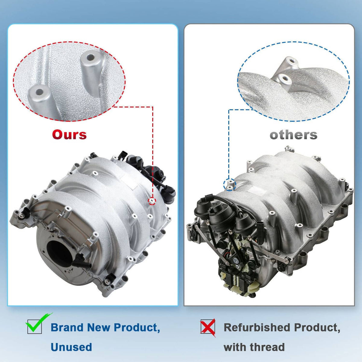 Intake manifold assembly comparison with silver new manifold and black air flap parts