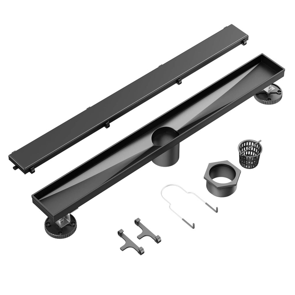 Matte black linear shower drain parts kit with cover, frame, and fittings