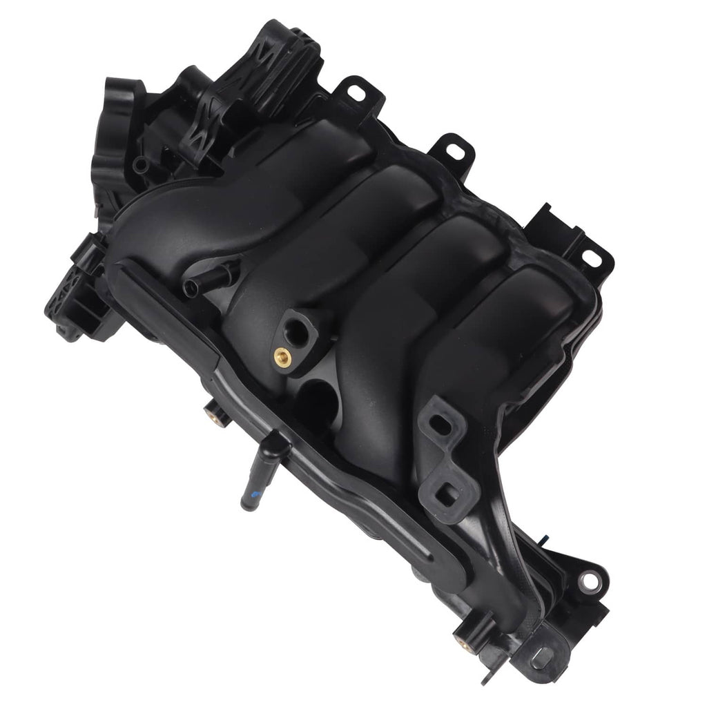 Black air intake manifold cover with bolt holes and internal molded channels