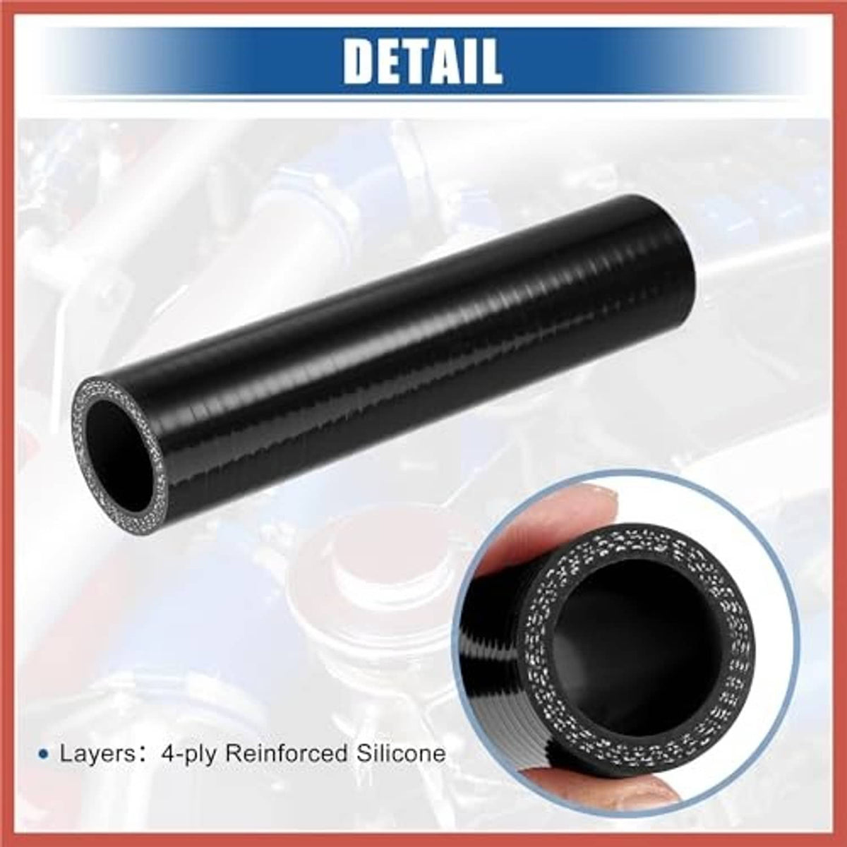 Black silicone hose with gray speckled rim and braided texture detail, open bore