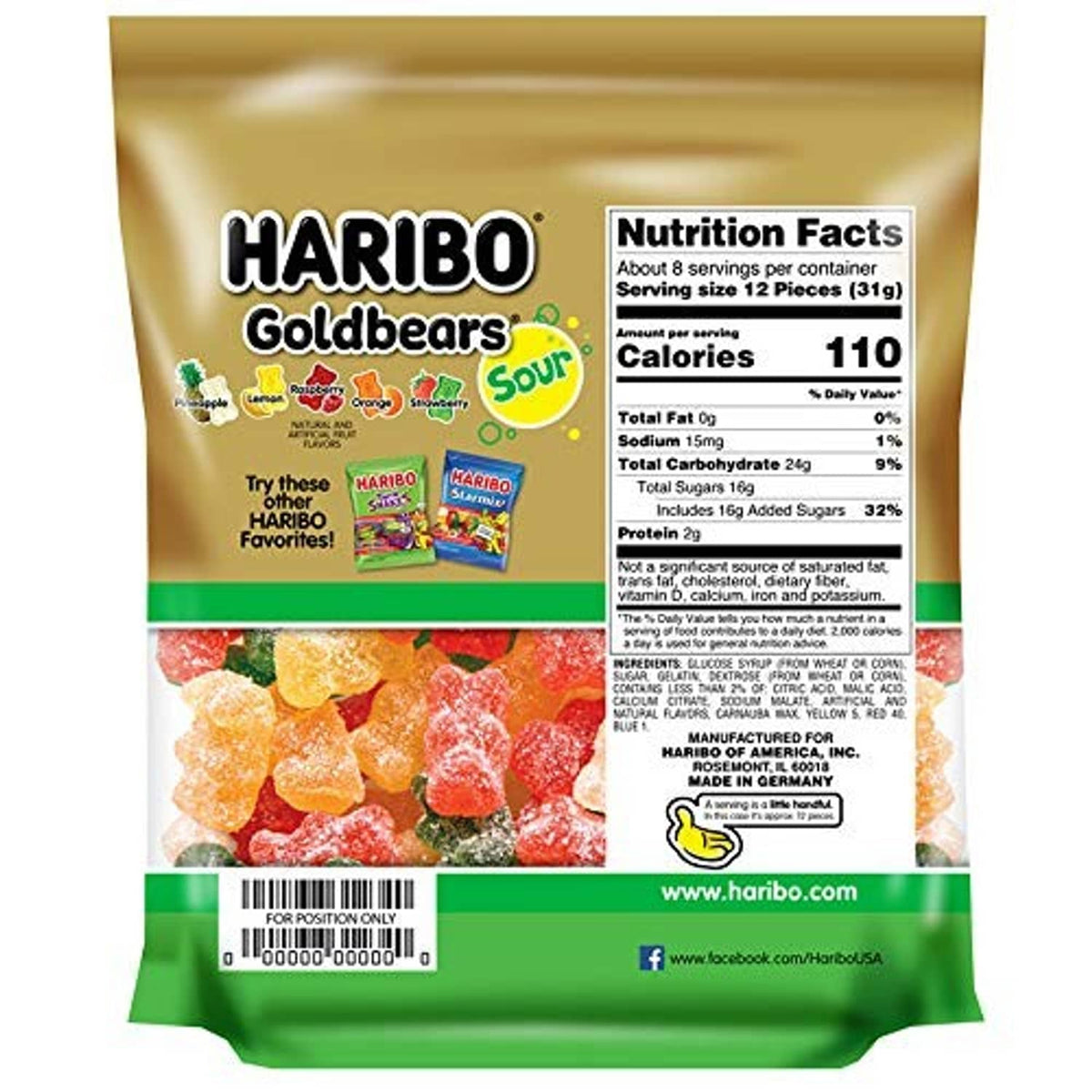 HARIBO Goldbears sour gummi candy bag back with Nutrition Facts panel