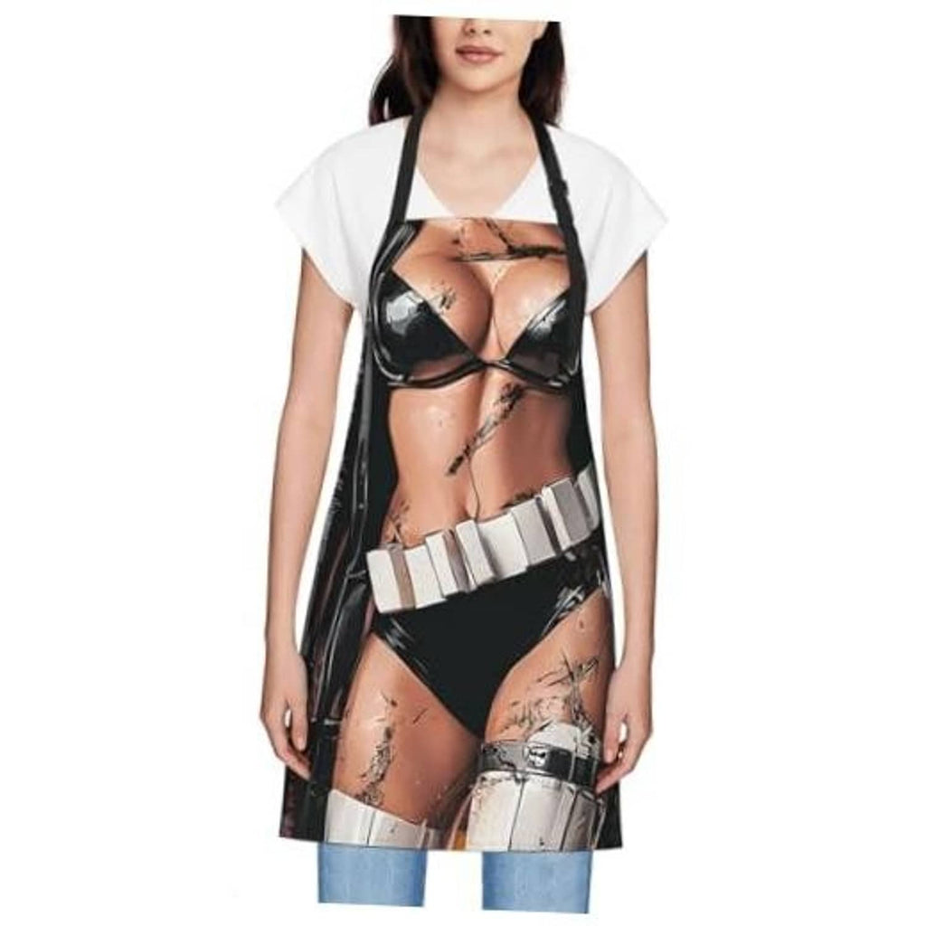 Halloween skeleton print waterproof apron, black with gray bone graphics and neck tie