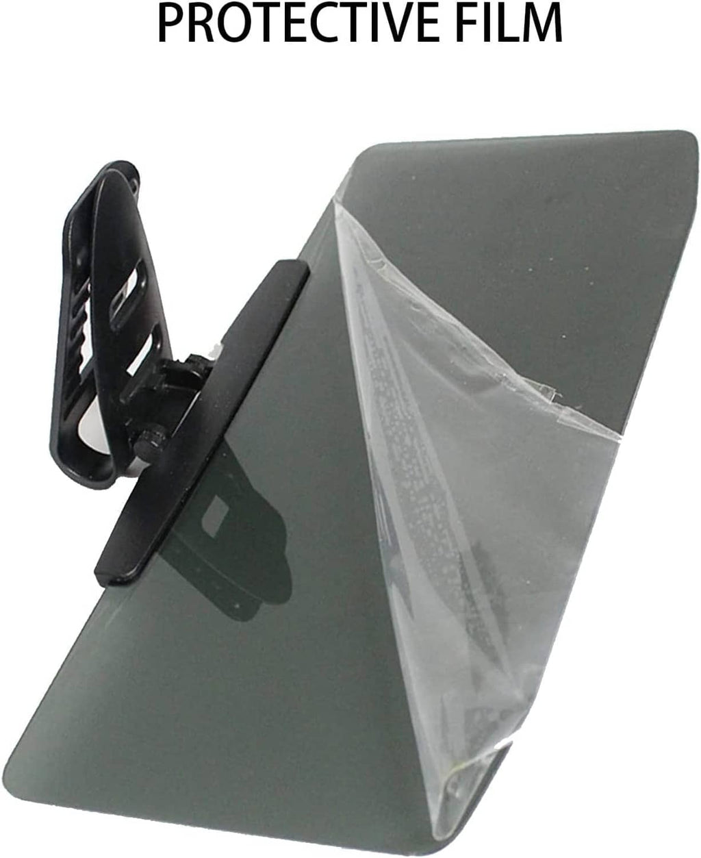 Universal sun visor extender with dark tinted panel, protective film, and black clip mount