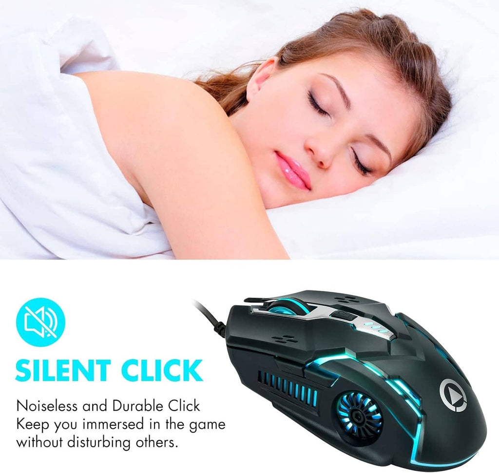 Wired gaming mouse with blue RGB lighting, ergonomic black-and-orange design