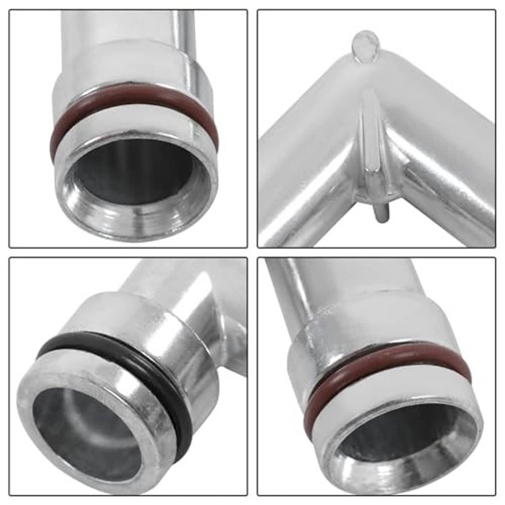Close-up views of aluminum heater hose elbows, silver metal with brown and black seals