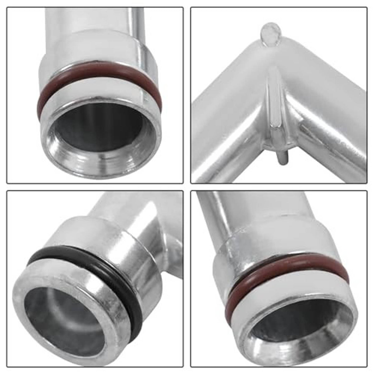 Close-up views of aluminum heater hose elbows, silver metal with brown and black seals