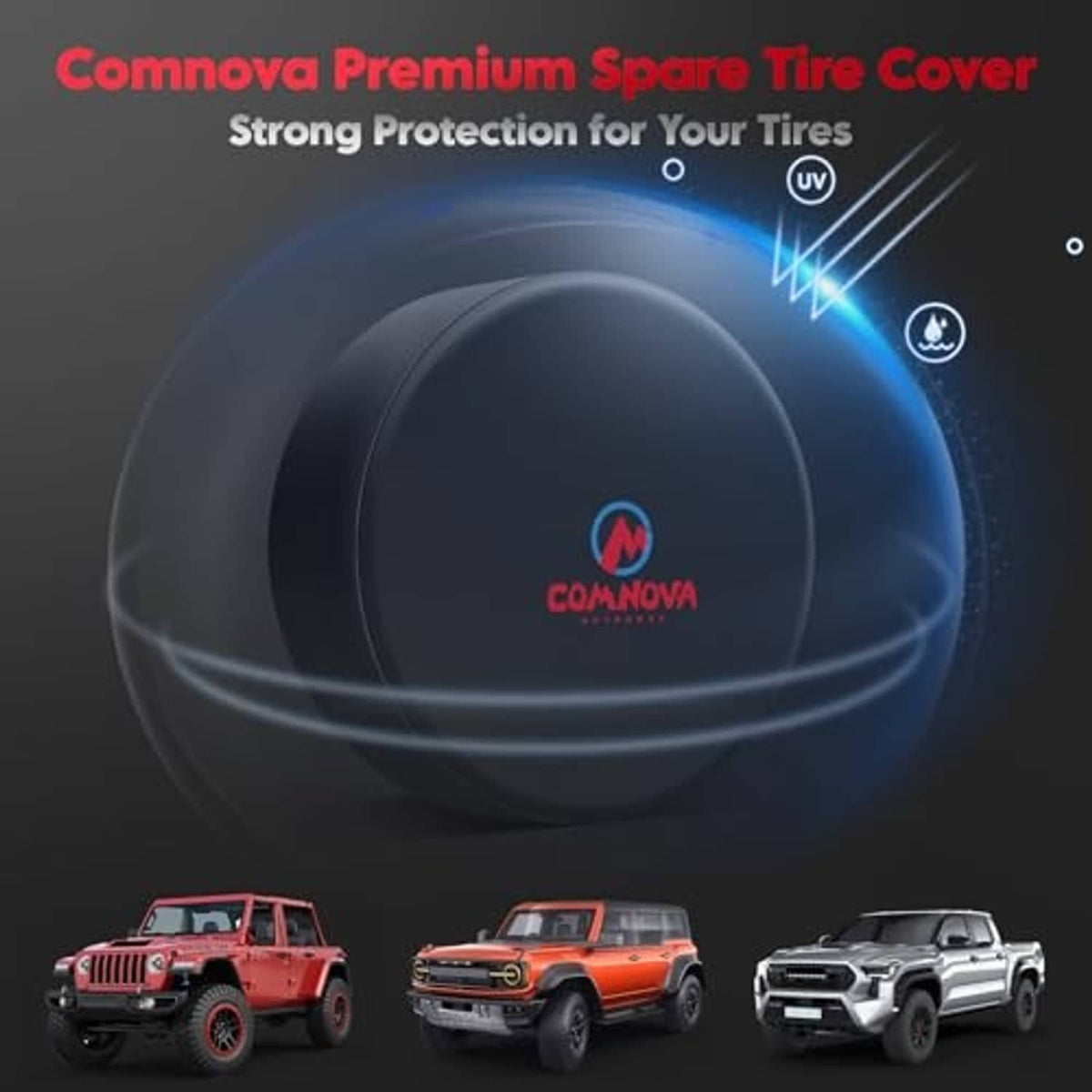 Black spare tire cover with COMNOVA logo, UV and strong protection feature graphic.