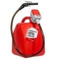 Red fuel transfer pump with ergonomic nozzle and curved discharge hose